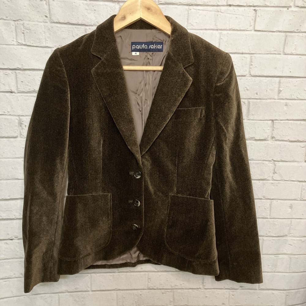 Vintage Paula Saker Brown Cotton Velvet Blazer Size 4 Classic Career Jacket